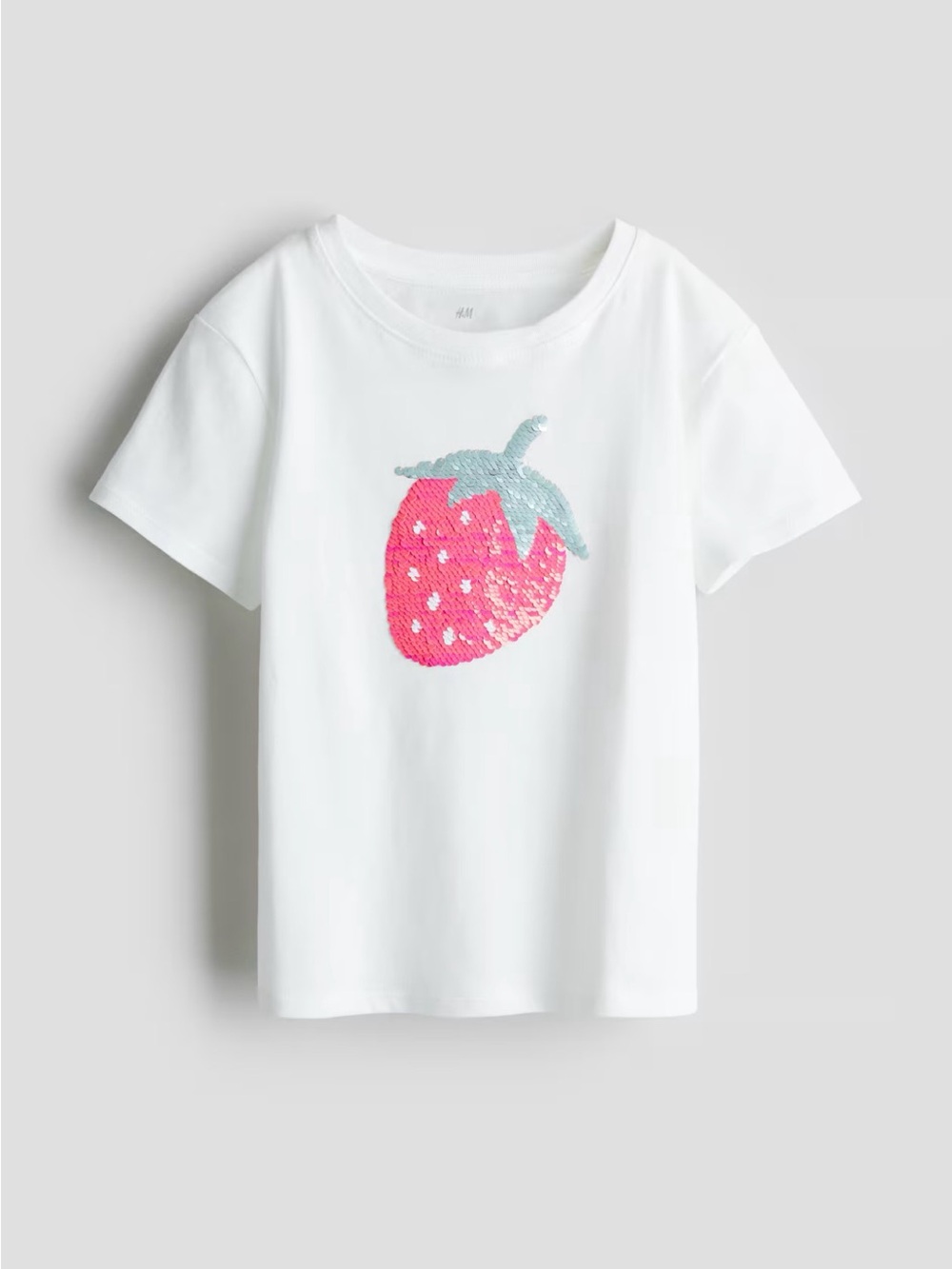 H&M White Tee Girls Sz 8/10 Strawberry Sequins T-shirt